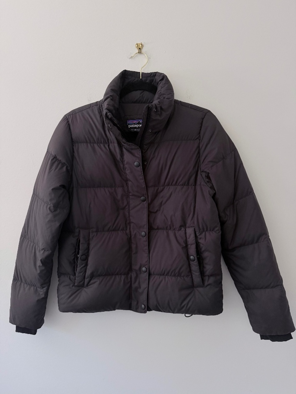 Patagonia Women's Silent Down Jacket Black Puffer Zip Snap Front Pockets